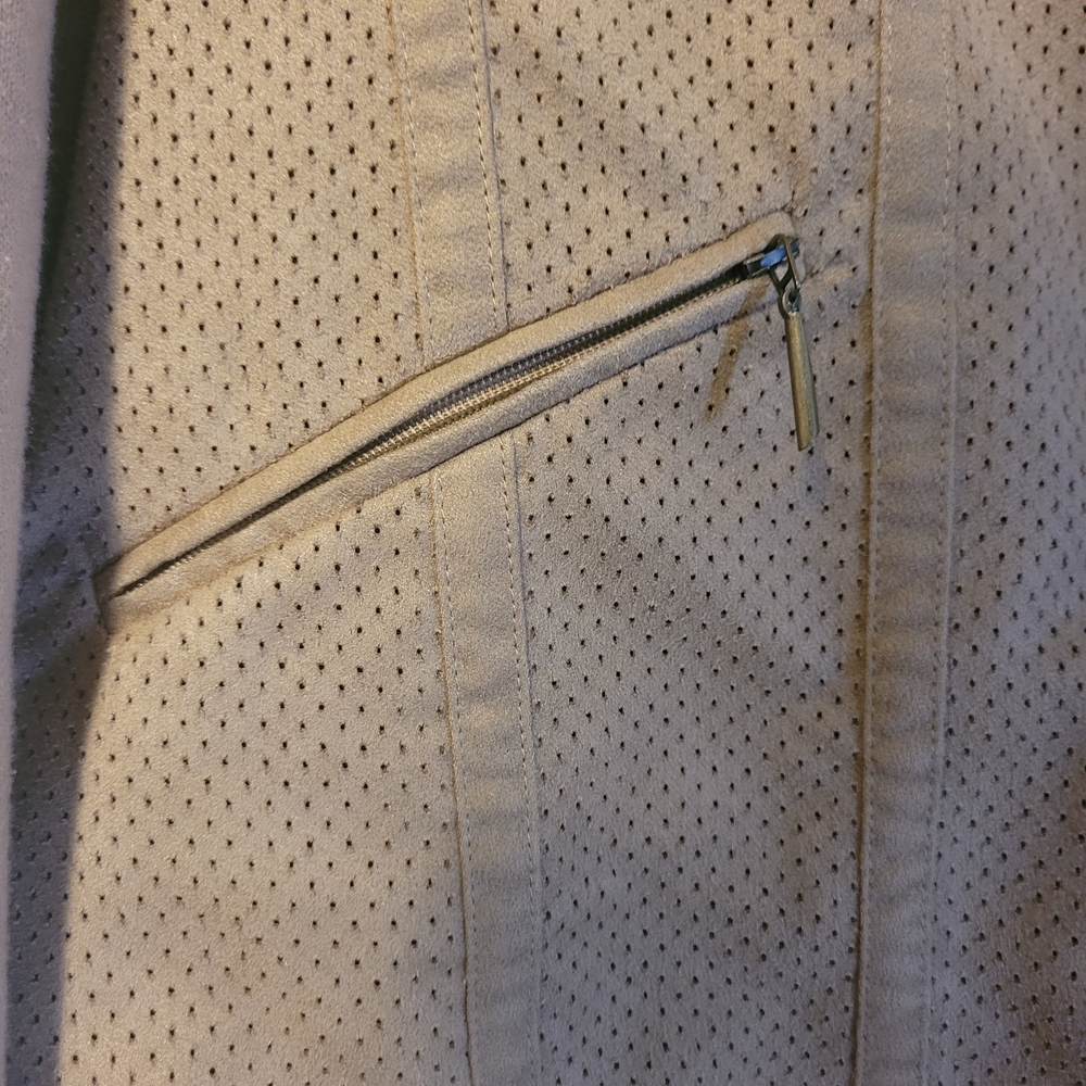 Allison Daley Petite Tan Faux Suede Zip Jacket Perforated Lightweight - Picture 6 of 10